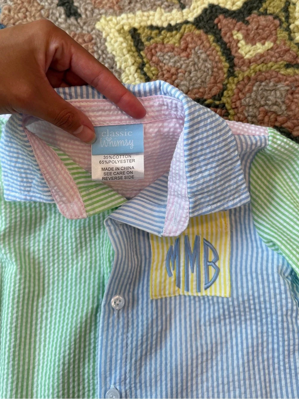Classic Whimsy Monogram Pastel Seersucker Button-Down Shirt for Kids MBM